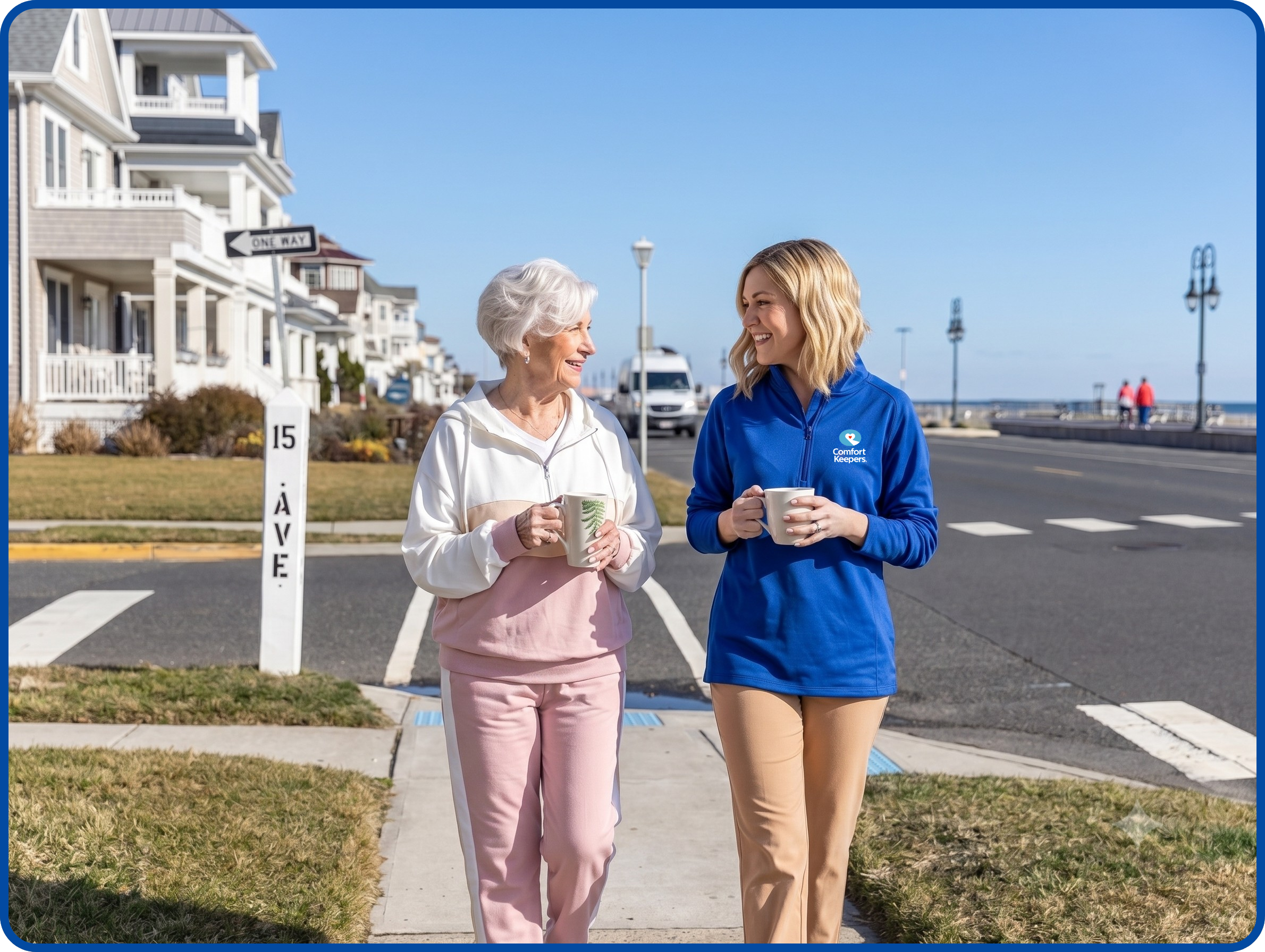 Comfort Keepers caregiver and a senior woman walking and sharing coffee along a shore street in Belmar, NJ.