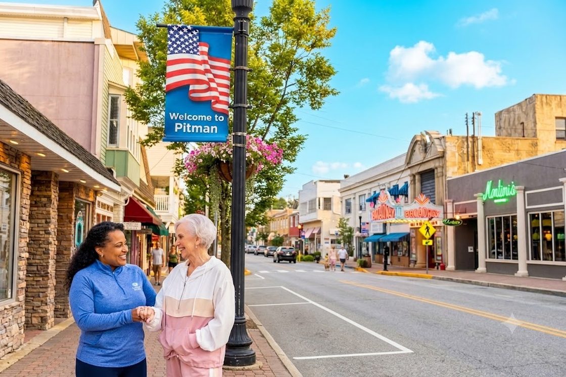A Comfort Keepers caregiver walking with a senior client on Broadway in downtown Pitman, NJ