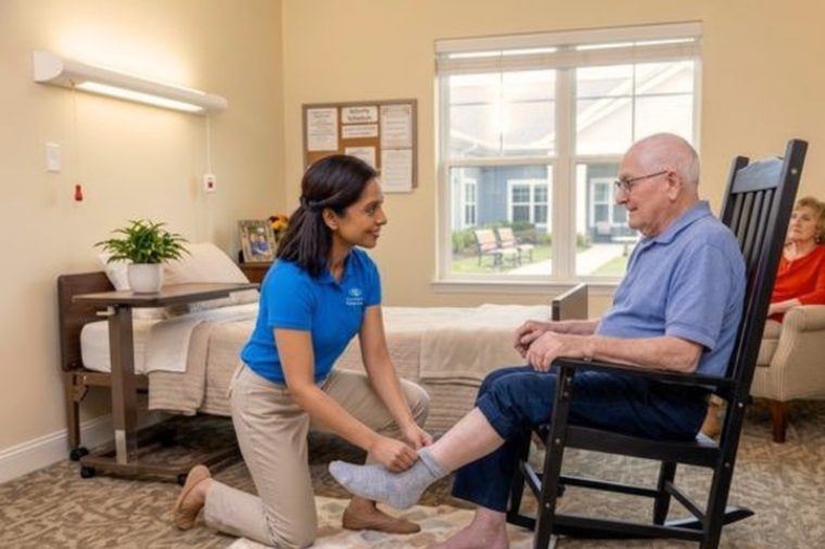 A Comfort Keepers caregiver assisting a senior client with dressing and mobility