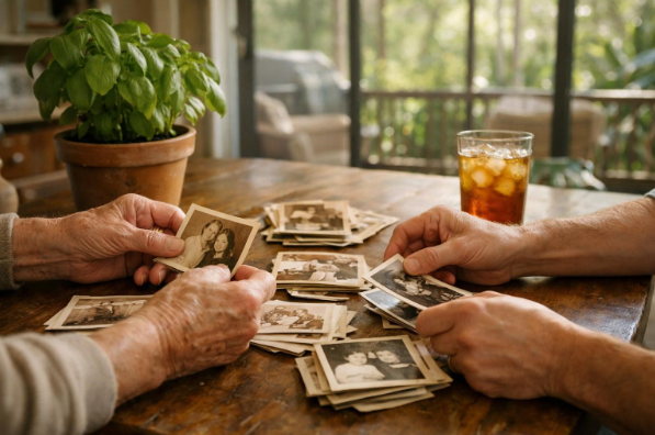 An older adult and companion sort family photographs together at a kitchen table during a quiet social visit at home.