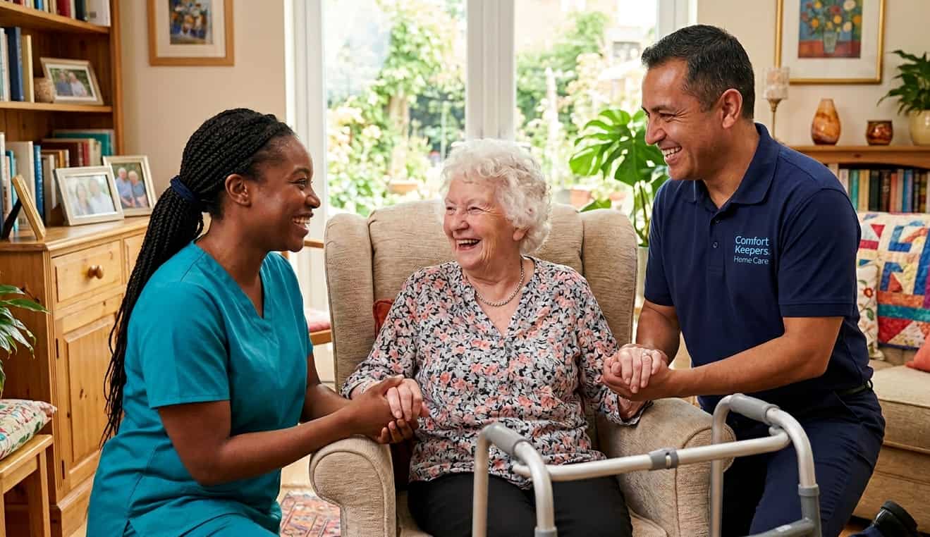 Compassionate caregivers supporting a happy senior at home with Jacksonville, FL home care services