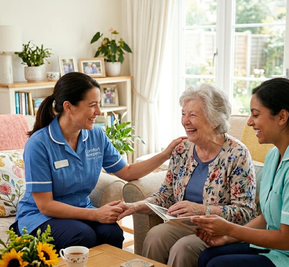 Caregivers assisting a happy senior at home with companionship in Jacksonville, FL home care services