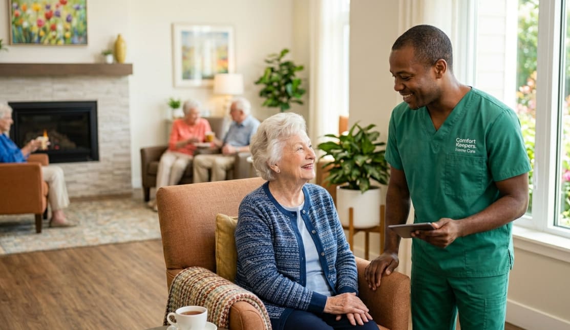 Professional caregiver visiting a senior at home, offering Neptune Beach, FL home care services
