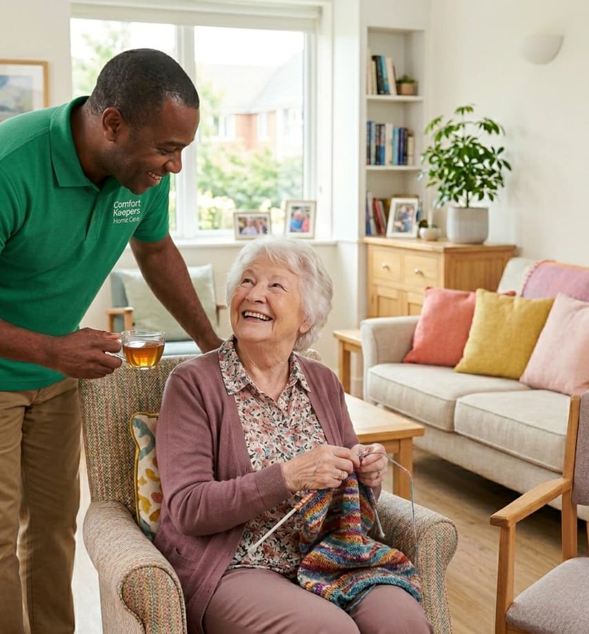Friendly caregiver sharing tea and companionship through Neptune Beach, FL home care services