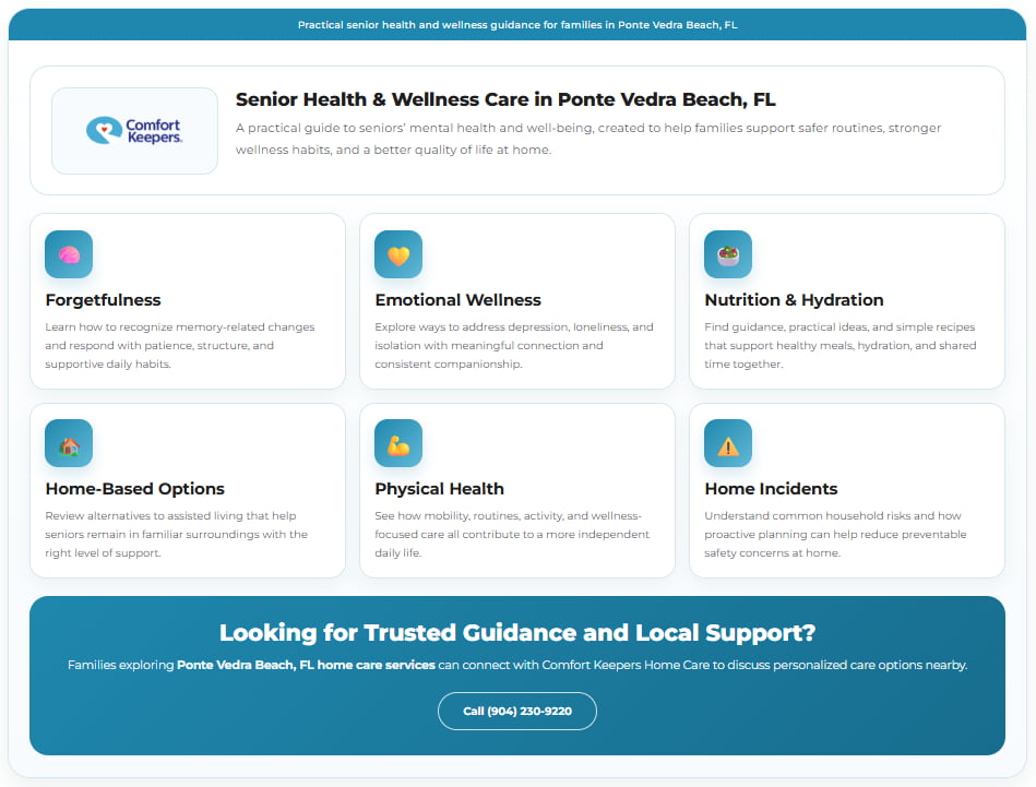 Infographic highlighting senior care topics and Ponte Vedra Beach, FL home care services for families