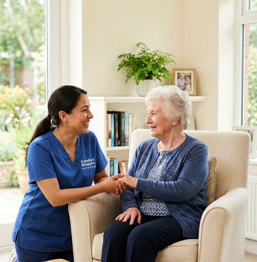 Friendly caregiver assisting elderly woman in living room with Ponte Vedra Beach, FL home care services