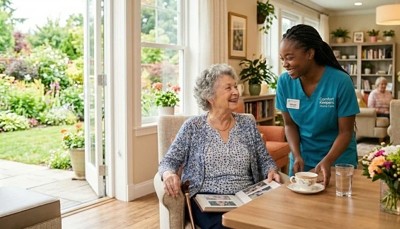 Smiling caregiver providing in-home support to a senior in Ponte Vedra Beach, FL home care services