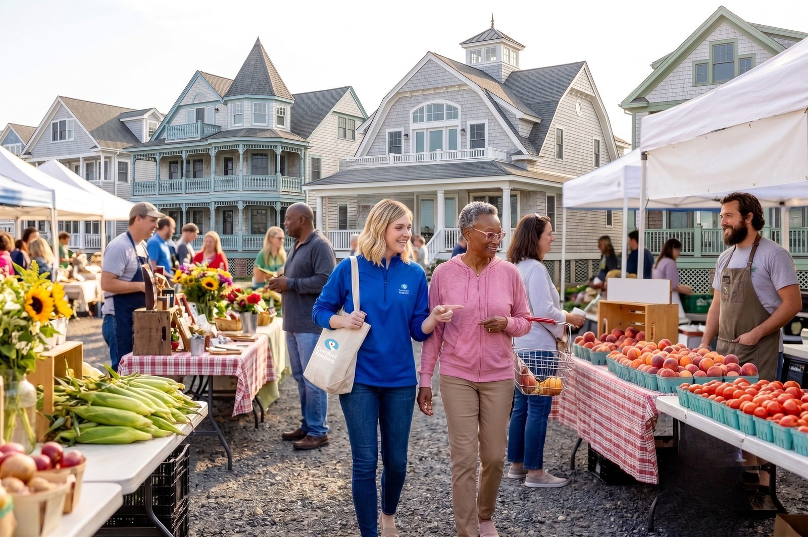 Comfort Keepers caregiver walking with an older woman at a Monmouth County Jersey Shore farmers market