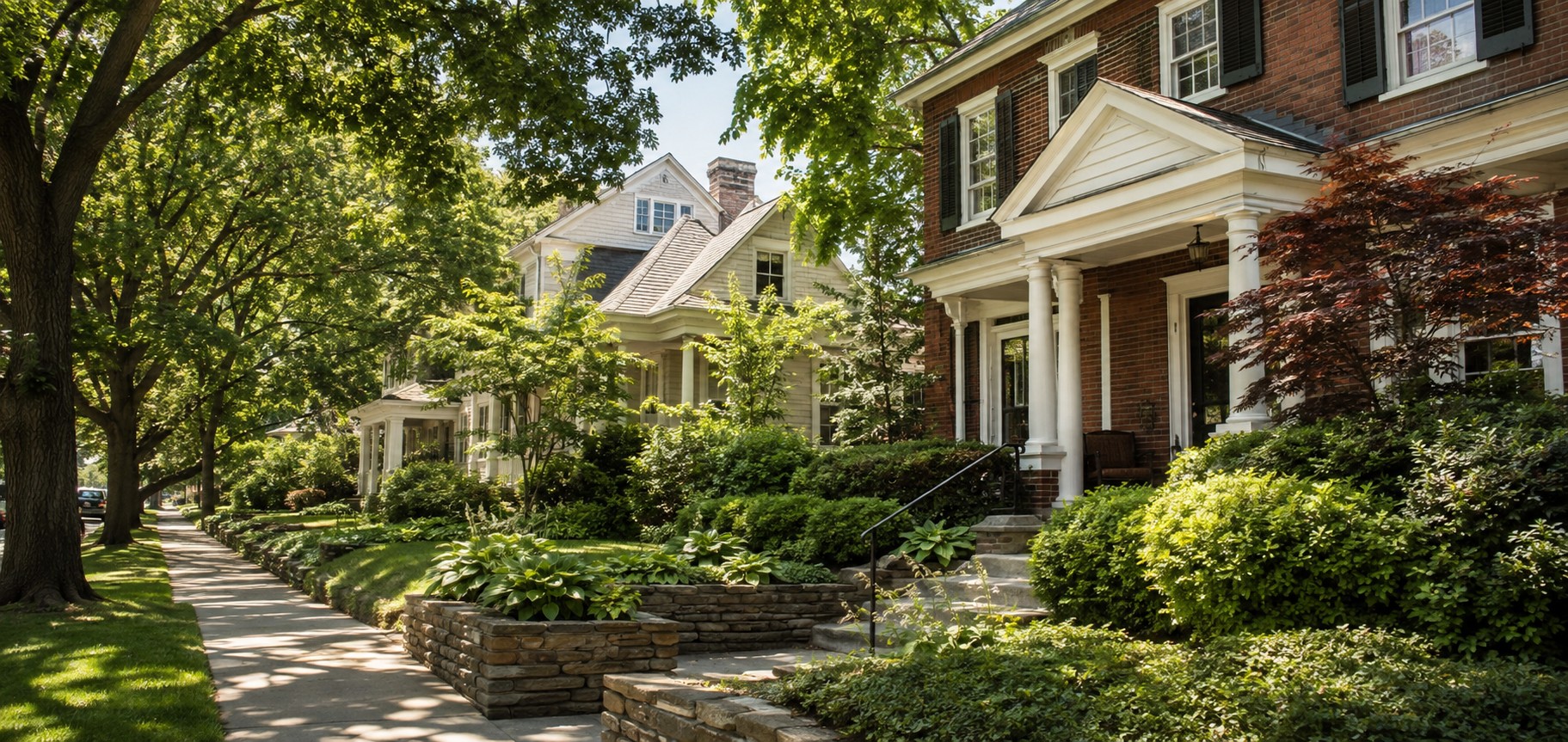 Tree-lined residential street with historic homes in Chevy Chase, MD