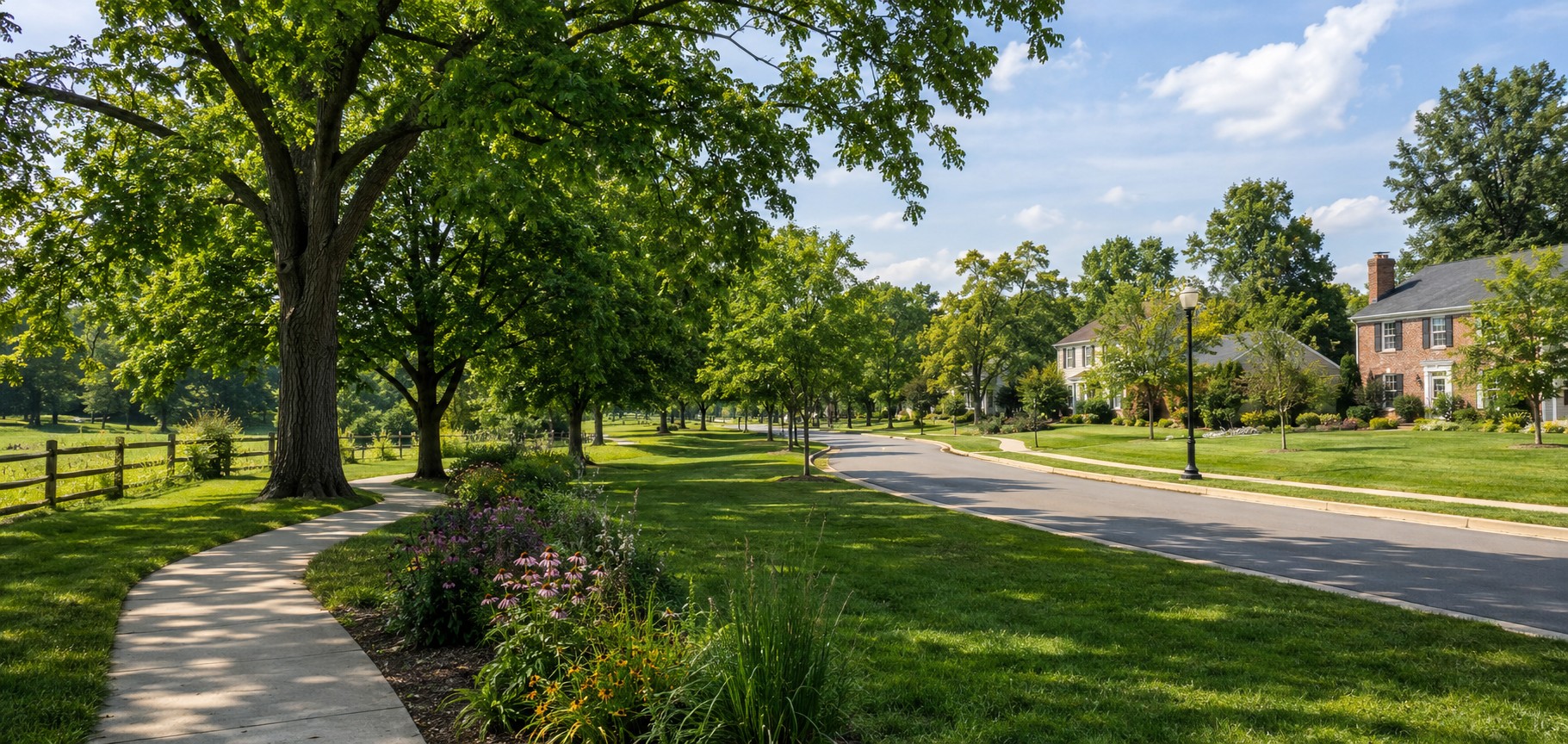 Tree-lined residential street with single-family homes in Olney, MD