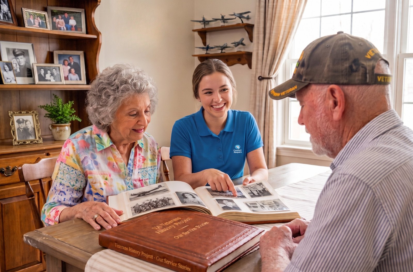 Comfort Keepers caregiver and a veteran couple with a Veterans History photo album