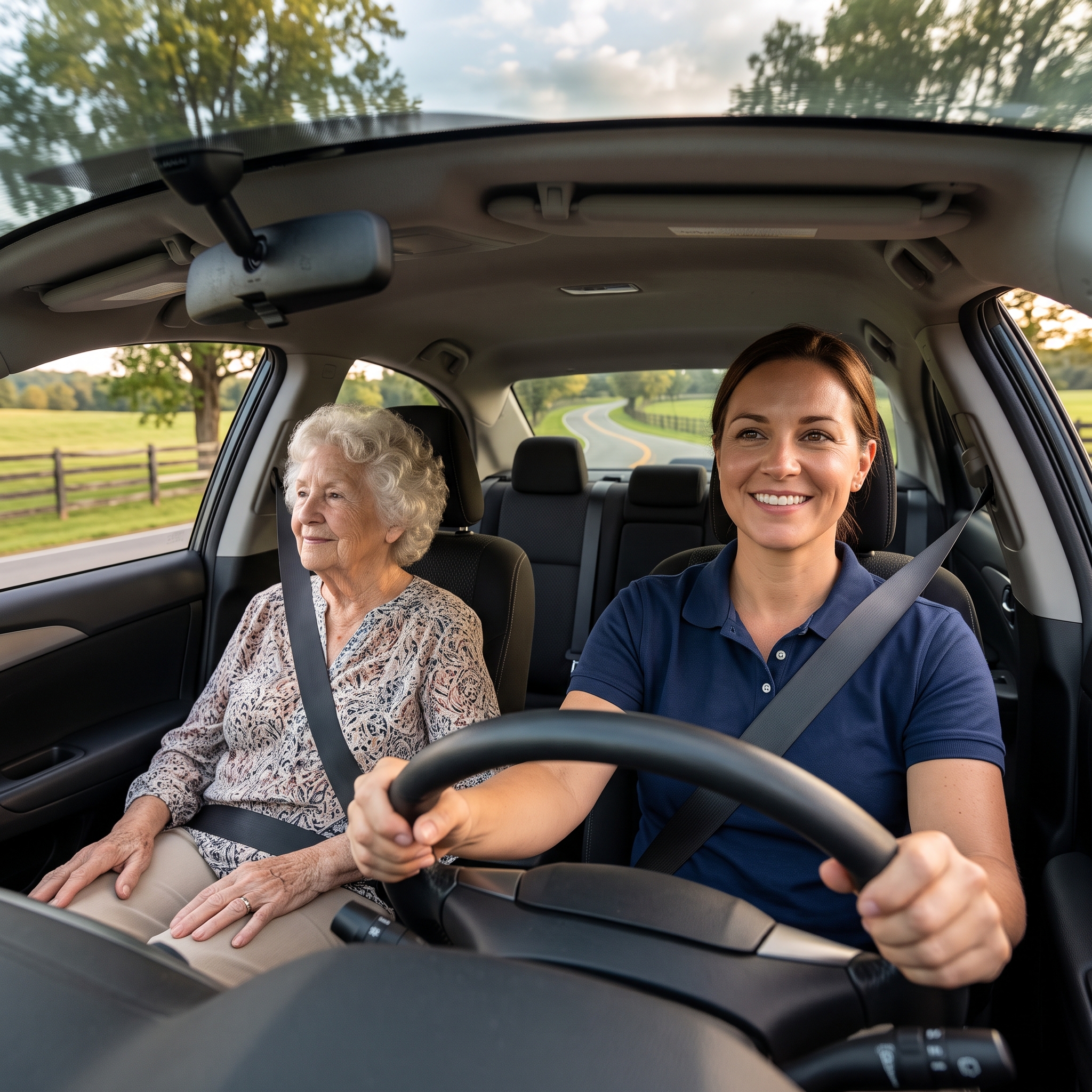 A professional caregiver driving an elderly woman safely along a rural road in a modern sedan.