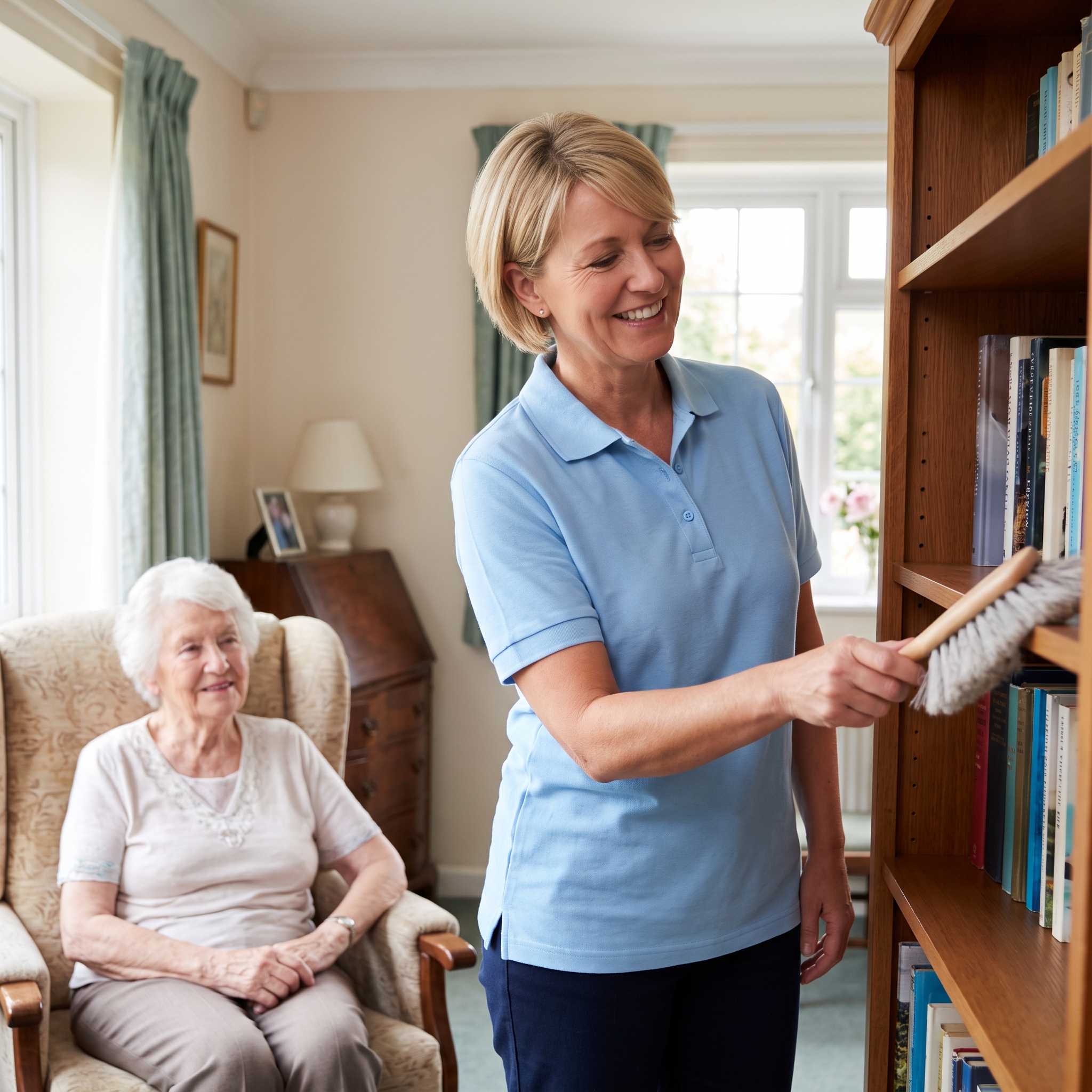  A professional caregiver and an elderly woman sharing a smile while dusting a wooden bookshelf in a sunlit living room.