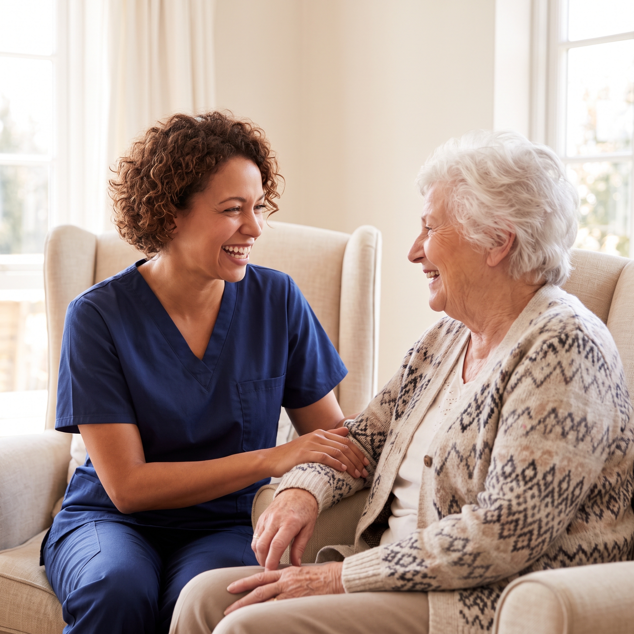 A joyful caregiver and an elderly woman sharing a meaningful conversation and laughter in a cozy, sunlit living room.