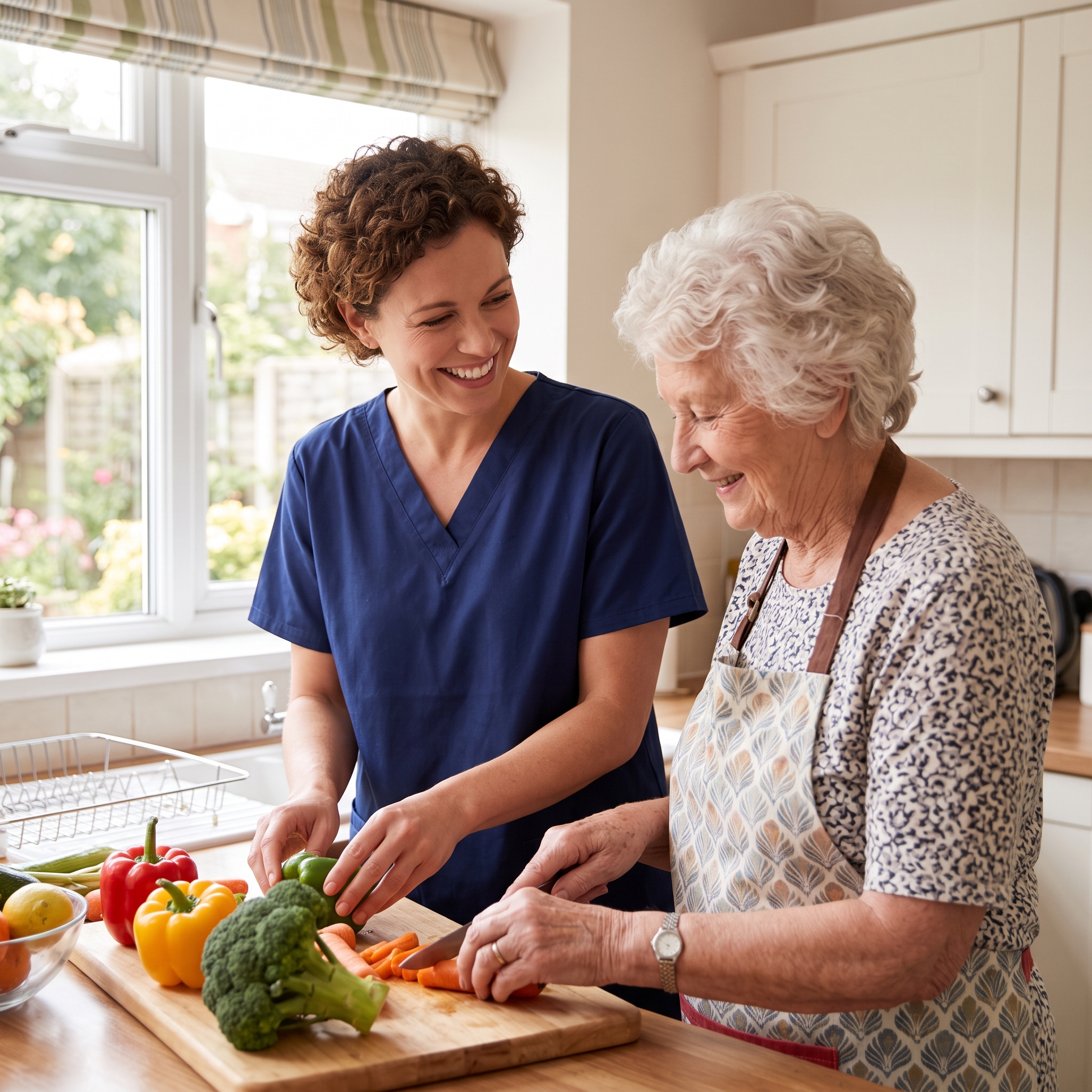  A professional caregiver and a senior woman smiling together while preparing fresh vegetables in a cozy, sunlit kitchen.