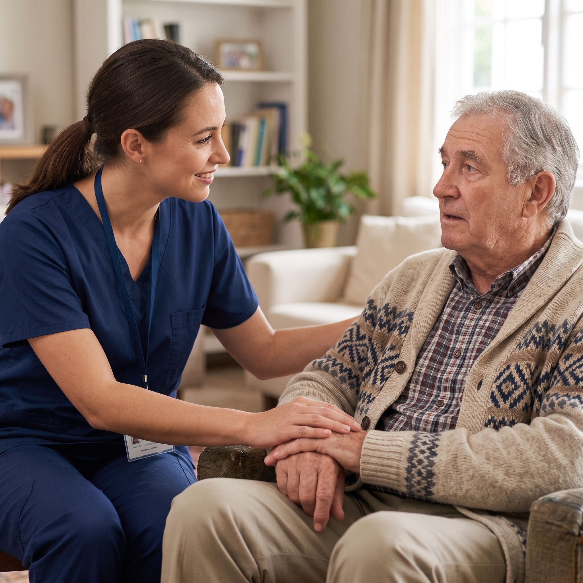 A female caregiver offers gentle reassurance to an elderly man looking slightly confused in a home setting.