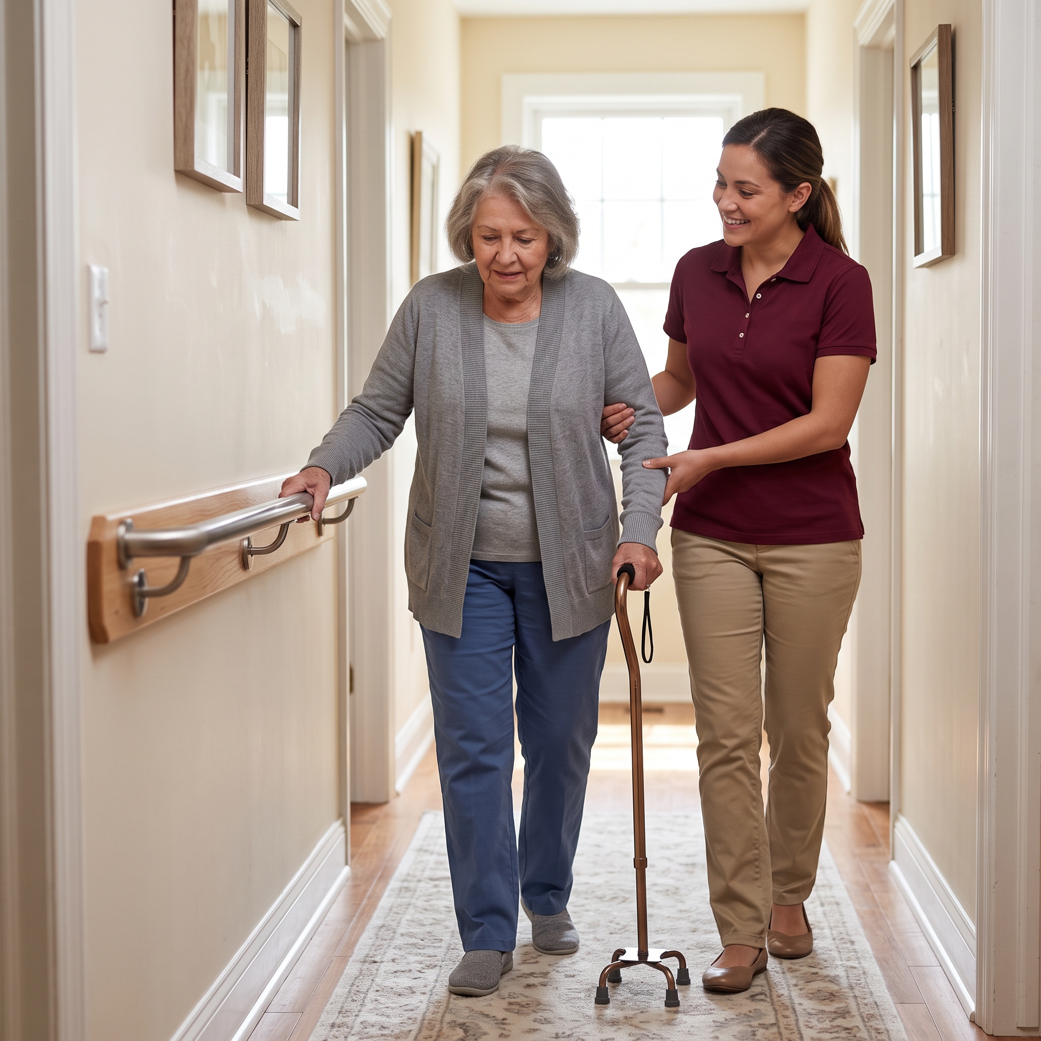 A caregiver supports a senior woman as she walks in a home hallway using an installed safety grab bar.