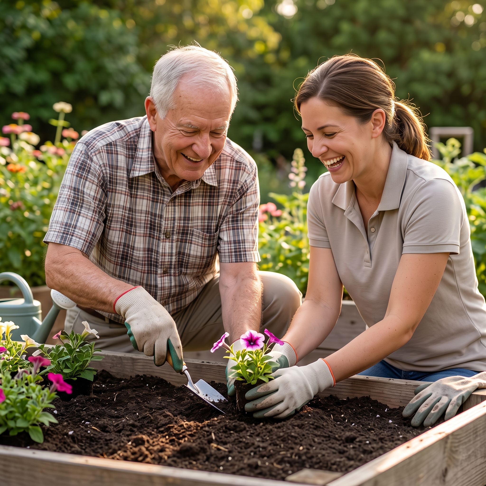 An older man and his female caregiver smile while planting flowers together in an outdoor garden.