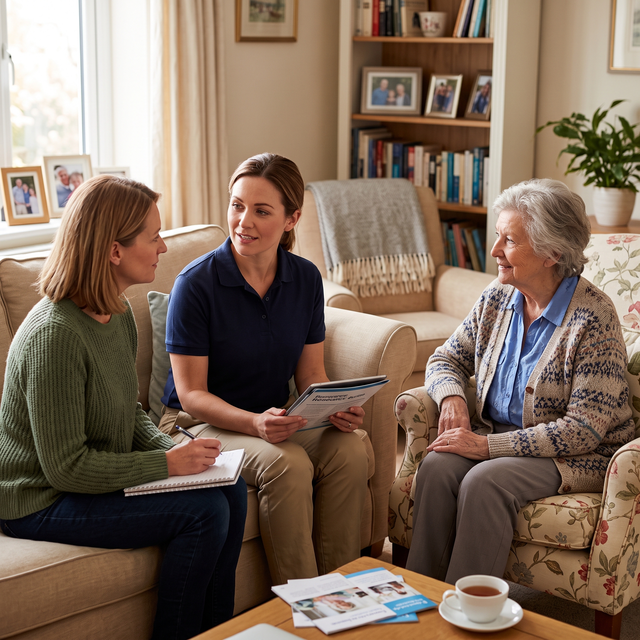 A daughter discusses care options with a professional female caregiver while her elderly mother sits nearby in a living room.