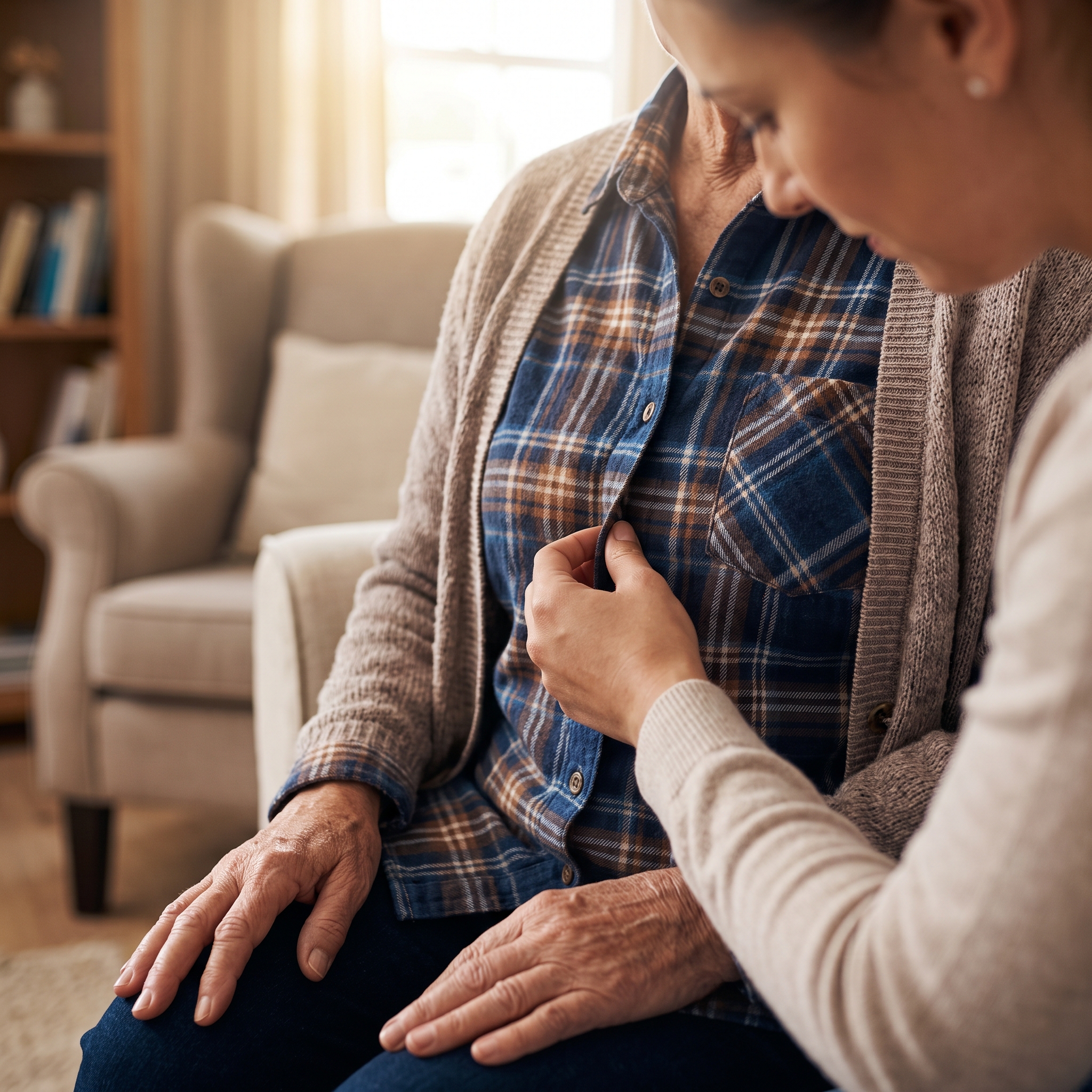  A caregiver helps a senior woman dress by buttoning her plaid shirt.
