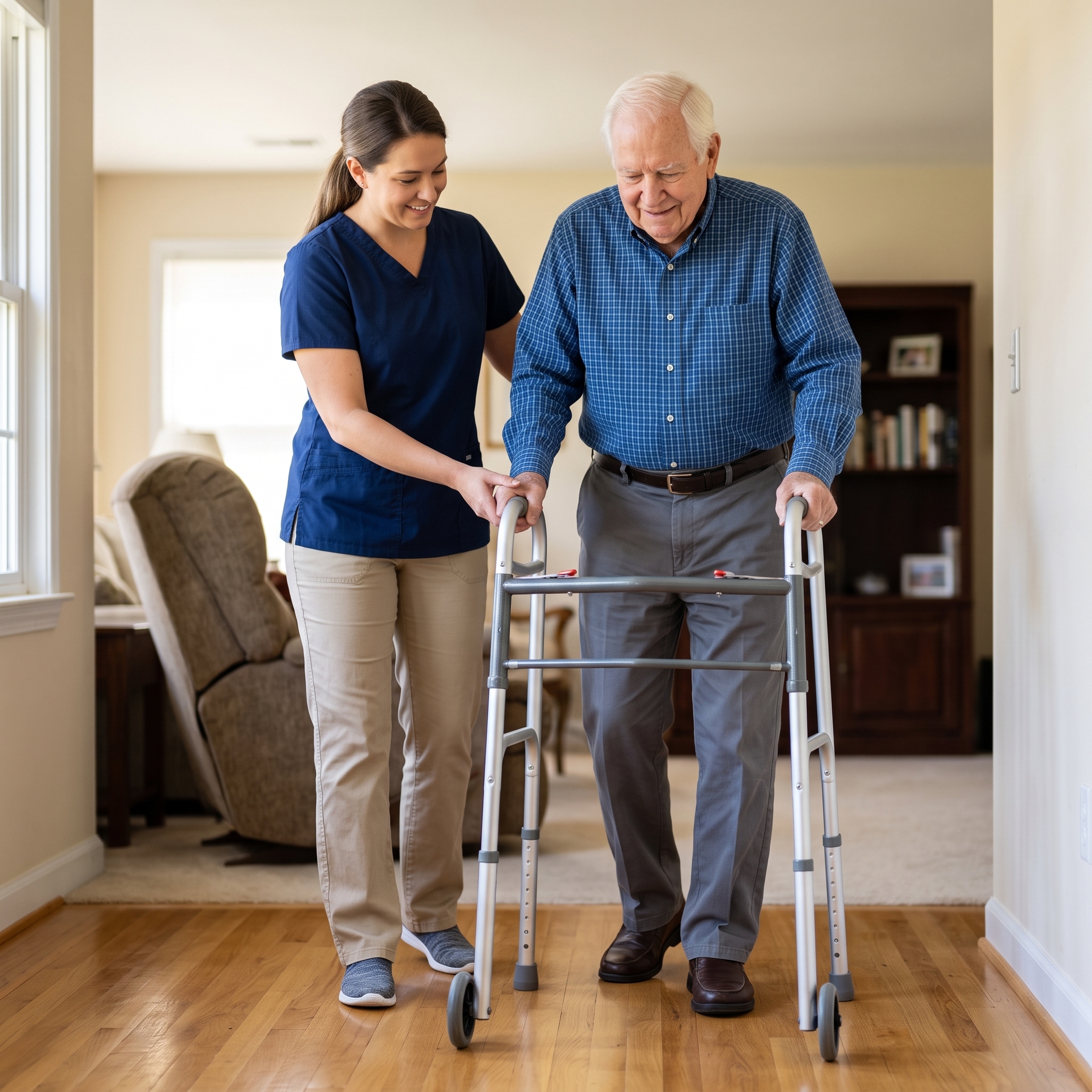 A caregiver supports a senior man using a walker for safe mobility.