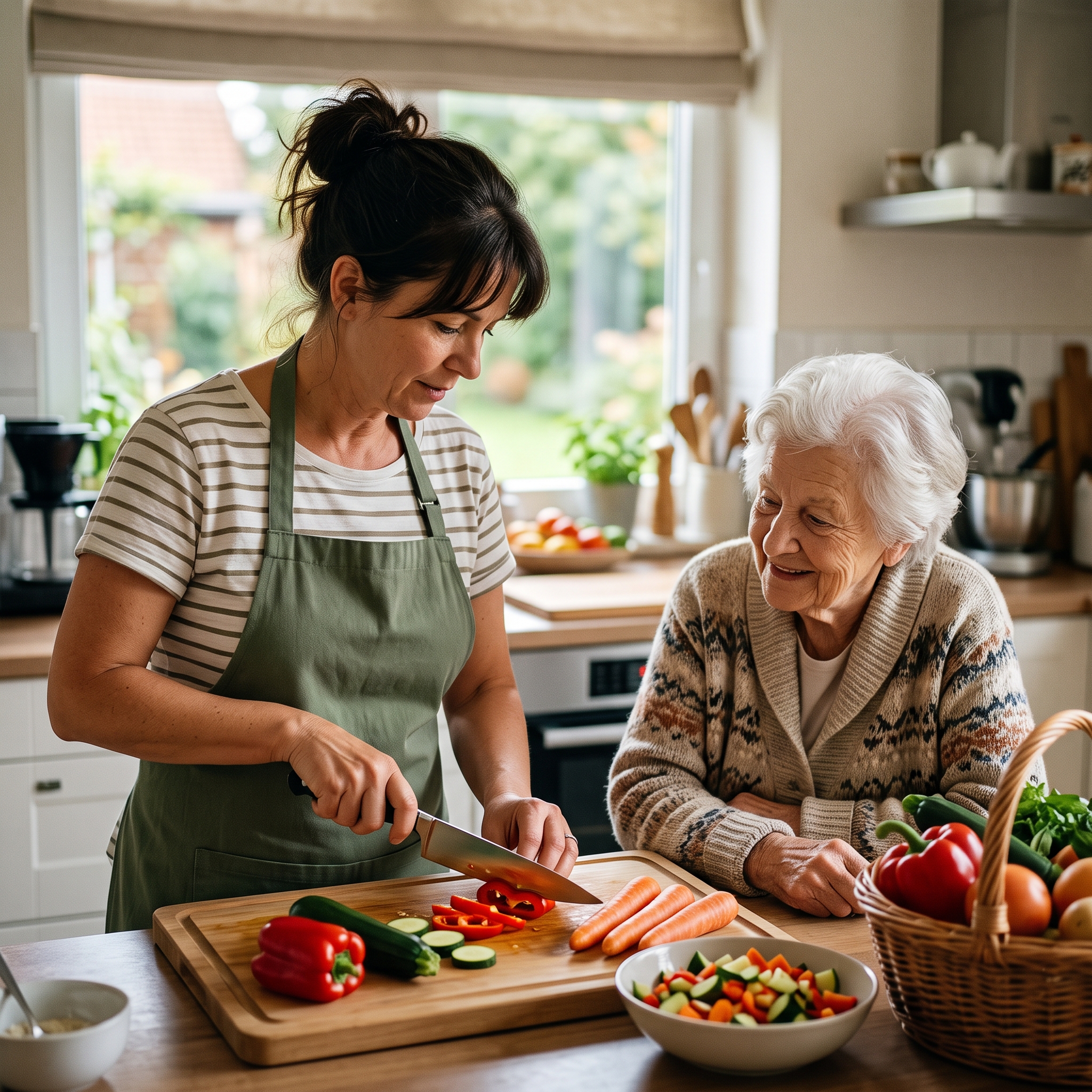 A caregiver prepares a healthy meal by slicing fresh vegetables for an elderly woman.