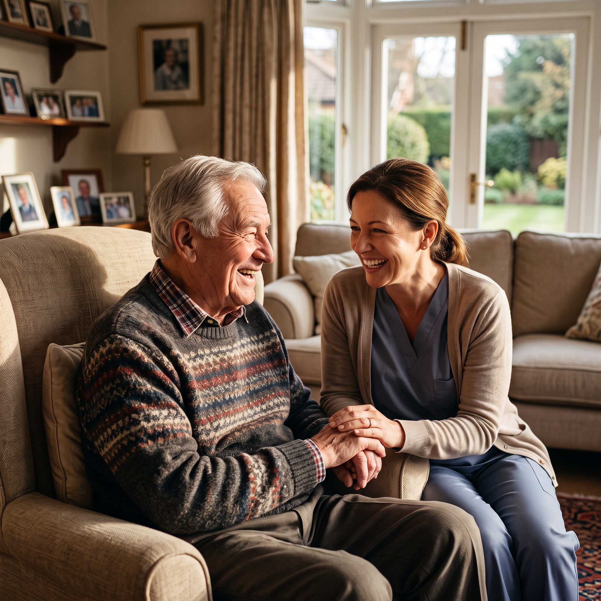 A senior man and his caregiver share a laugh and happy conversation.