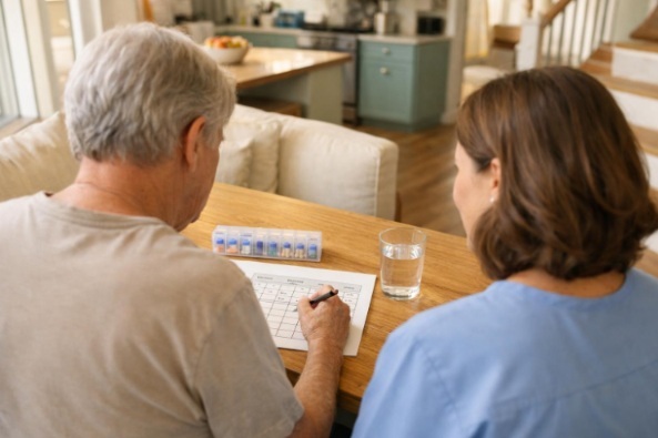 Senior checks off a morning medication schedule beside a pill organizer while a caregiver offers nearby support at a home kitchen table.