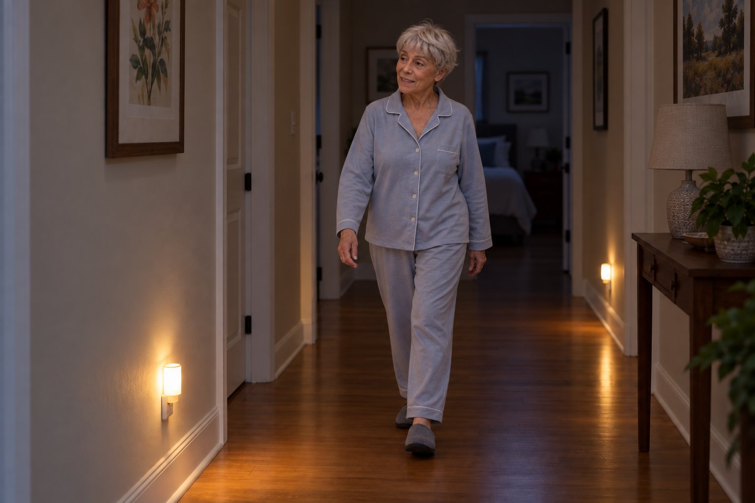 An older woman in pajamas and slippers walks down a hallway at night, lit by plug-in night lights along the baseboard.