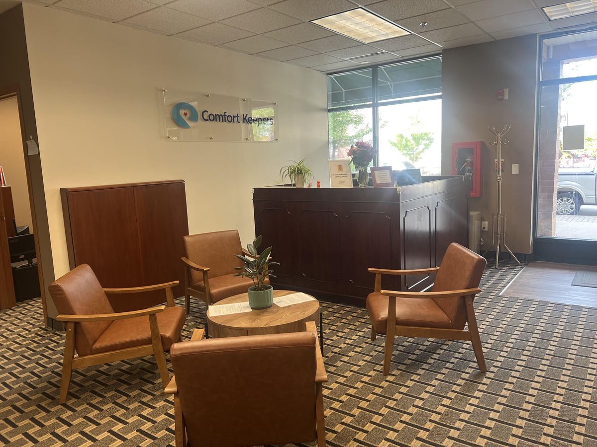 Lobby seating area inside the Comfort Keepers senior home care office in Osseo, MN