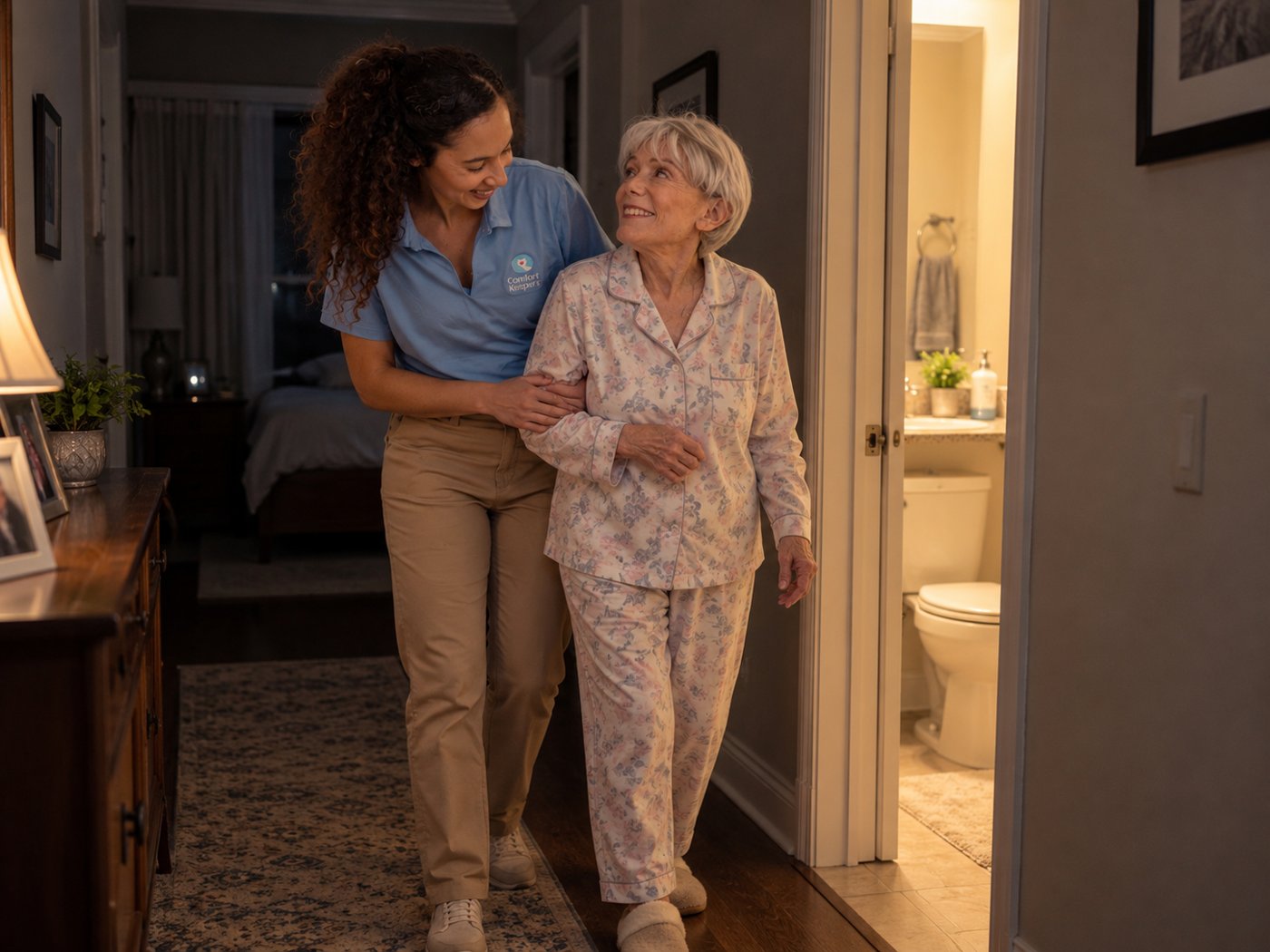 A Comfort Keepers caregiver walks an older woman to the bathroom at night