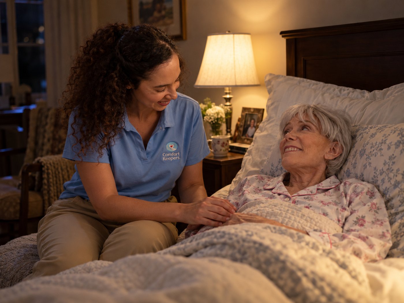 A Comfort Keepers caregiver sits with an older woman at her bedside at night