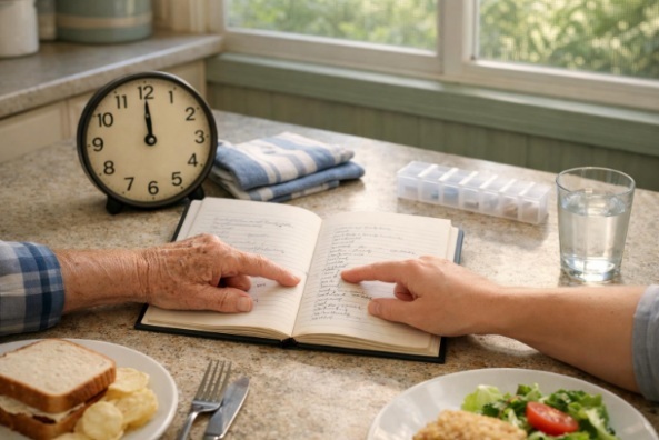 Older adult and respite caregiver review a daily routine guide beside a prepared lunch in a sunlit home kitchen