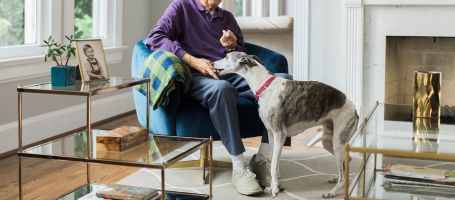 Senior person in chair giving a treat to a dog