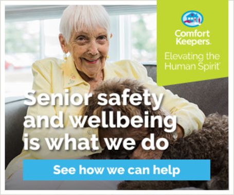A senior woman with her dog and a text reading see how Comfort Keepers can help