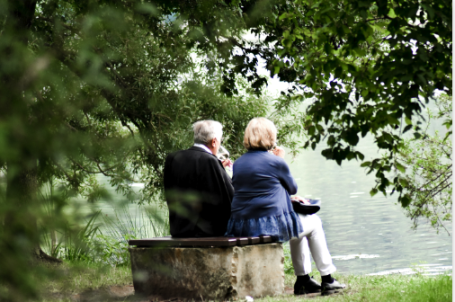 Ways to pay for home care--elderly couple by the lake.