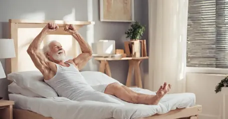 Senior exercising arms while laying on top of his bed