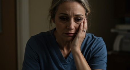 A tired and stressed caregiver in blue shirt resting face on palm of her left hand