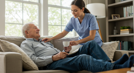 Senior at home on sofa while caregiver hands him coffee