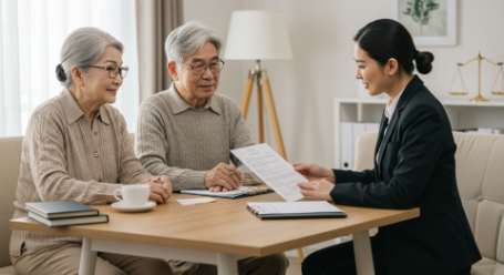 Senior couple and a legal representative reviewing documents at office desk