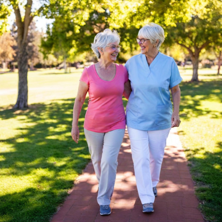Senior woman enjoying a companion walk in Durango with Comfort Keepers caregiver