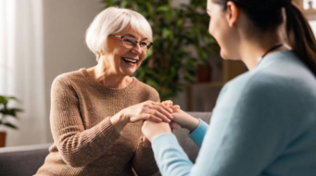 Smiling caregiver holding hands with an elderly woman in a warm, home setting