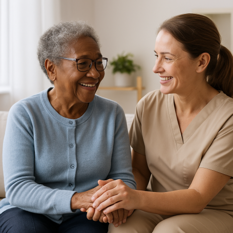 Caregiver and senior woman smiling warmly in a sunlit living room during a companion care visit in Tyler, TX