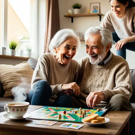 The image depicts a cozy living room filled with warm natural light In the foreground an elderly man and woman sit together on a comfortable couch laughing and sharing a light moment over a board game The womans eyes sparkle with joy and the mans smiling