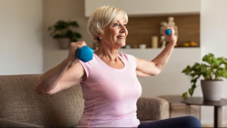 Senior woman exercising at home with light weights