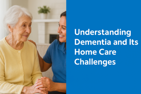 An in-home caregiver assisting an elderly woman with dementia in a bright Los Lunas living room.