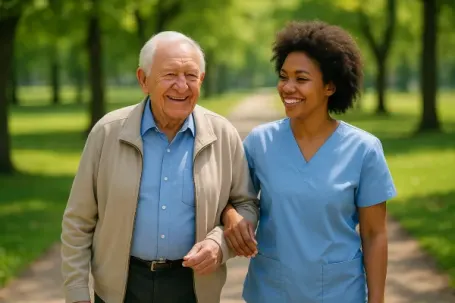Smiling elderly man walking outdoors in Los Lunas park with his Comfort Keepers caregiver beside him.