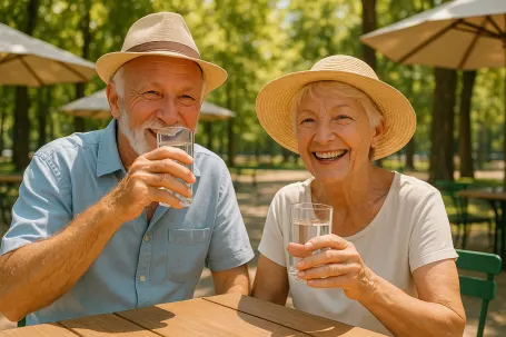 Smiling senior couple sipping water at a shaded park or outdoor café in summer attire.