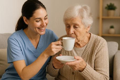 caregiver gently assisting a senior drinking tea
