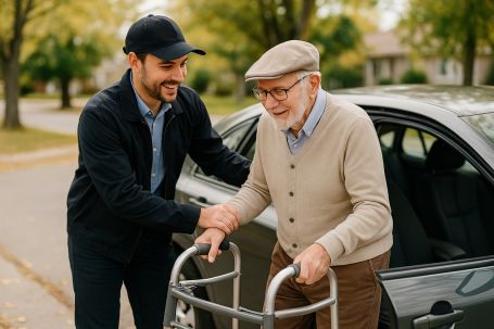 A friendly driver helping a senior with a walker or cane into a car